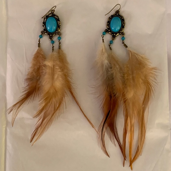NWOT Feather and turquoise earrings, 7” long - Picture 1 of 3